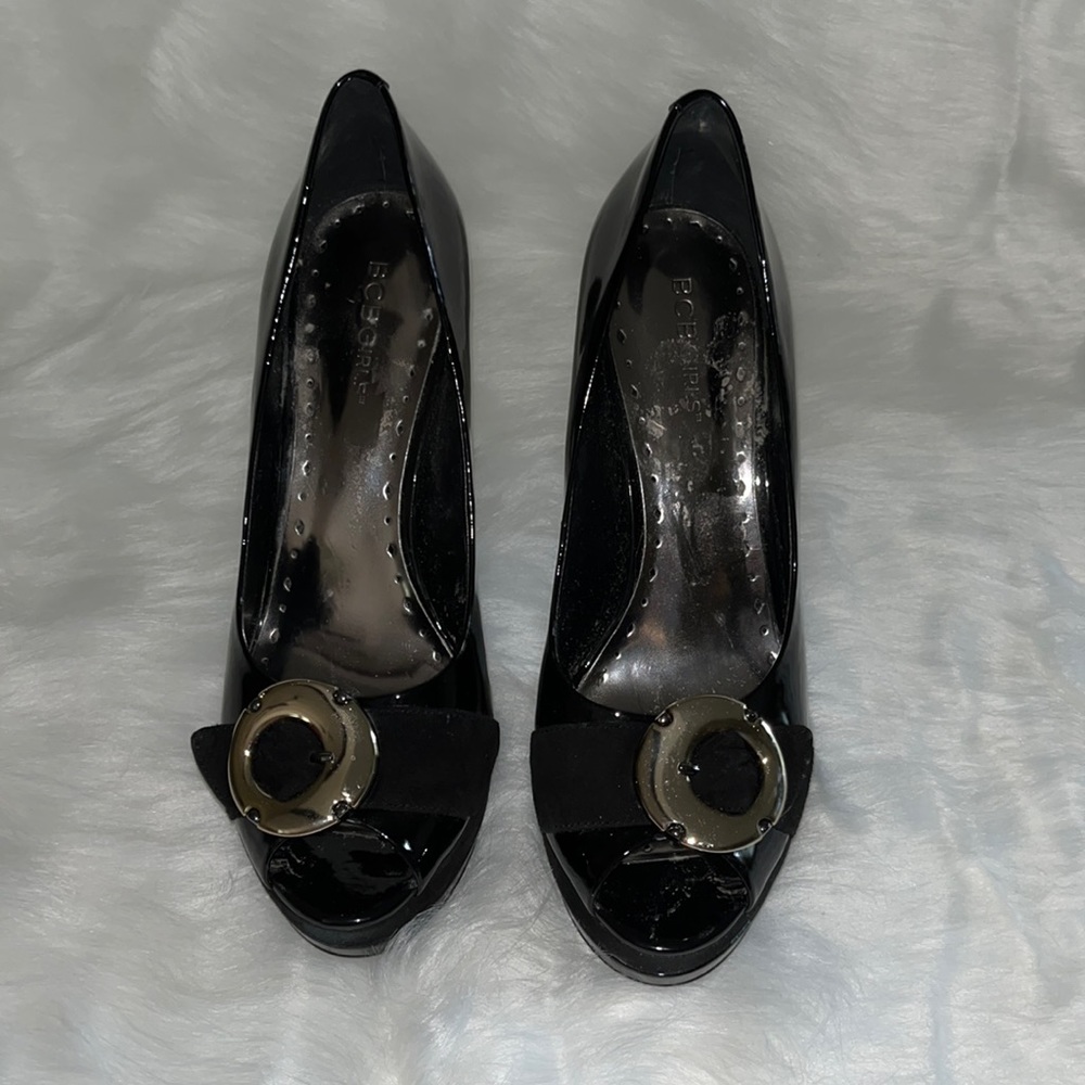 Black patent and suede BCBGirls platform peep toe pumps